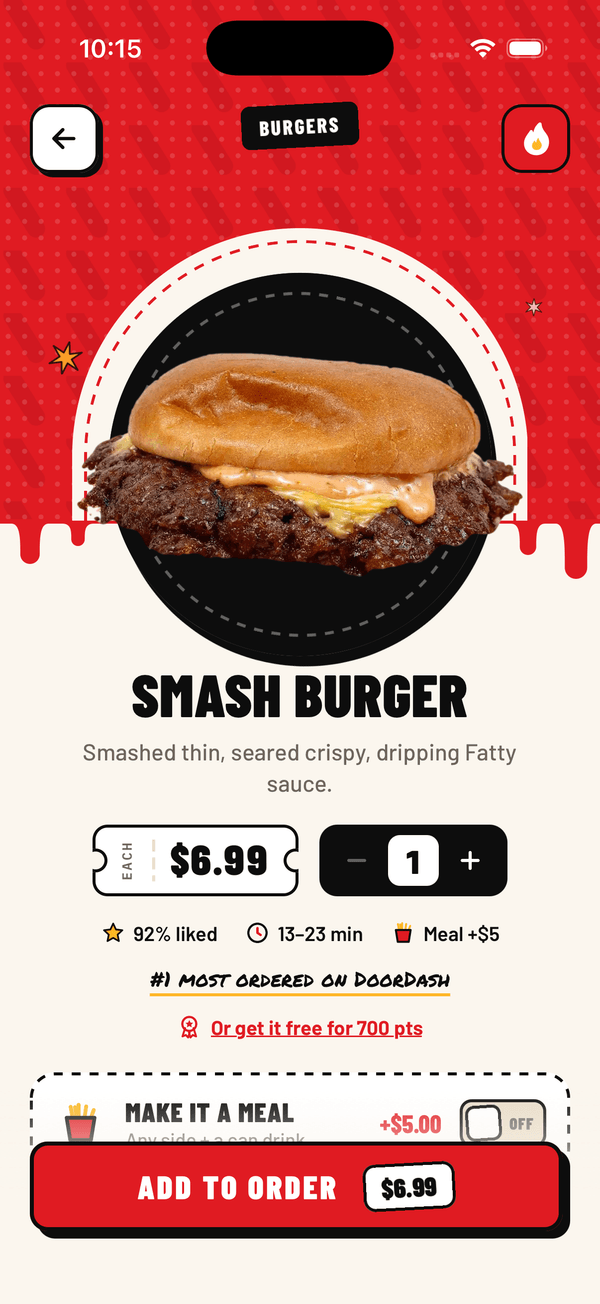 Fatty's app Smash Burger screen with the price, quantity, a make-it-a-meal toggle and an Add to order button