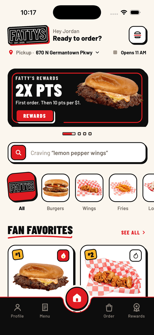 Fatty's app home screen with the pickup address, open hours, the make-it-a-meal deal, food categories and fan favorites