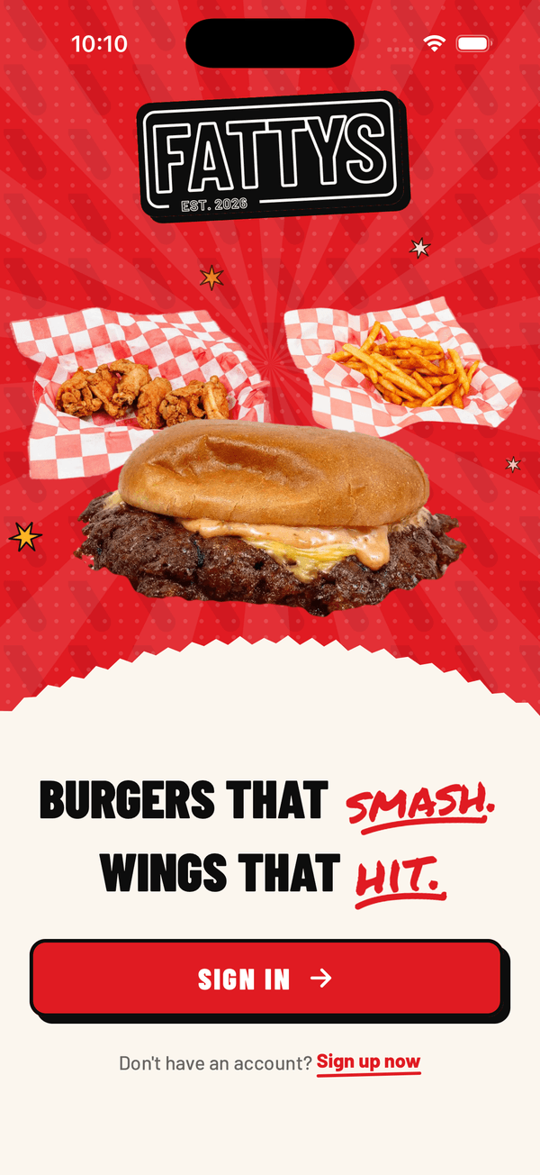 Fatty's app welcome screen: smash burger, wings and fries over “Burgers that smash. Wings that hit.” with a Sign in button